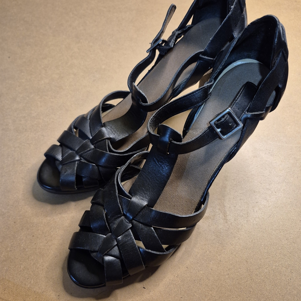 Black Woven Strappy Heels with Ankle Buckle - Women's Dress Sandals - Read - Picture 1 of 9